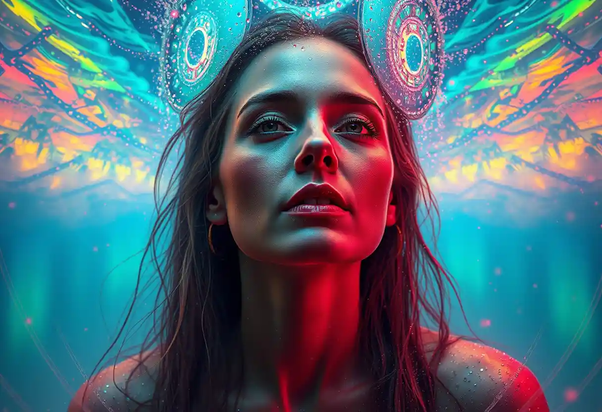 Woman fused with a cosmic rainbow water vortex