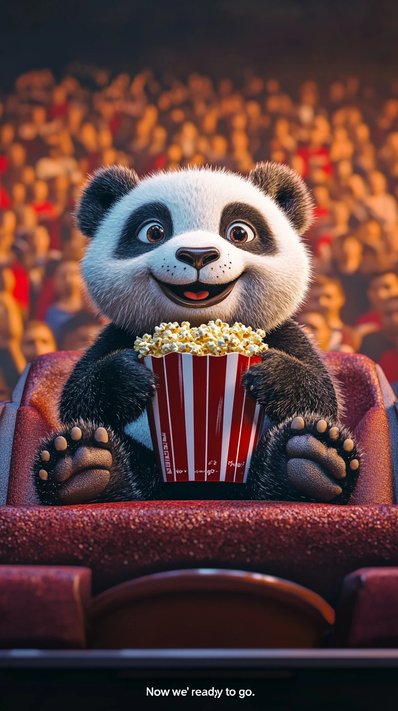 Cute cartoon panda watching football and eating popcorn