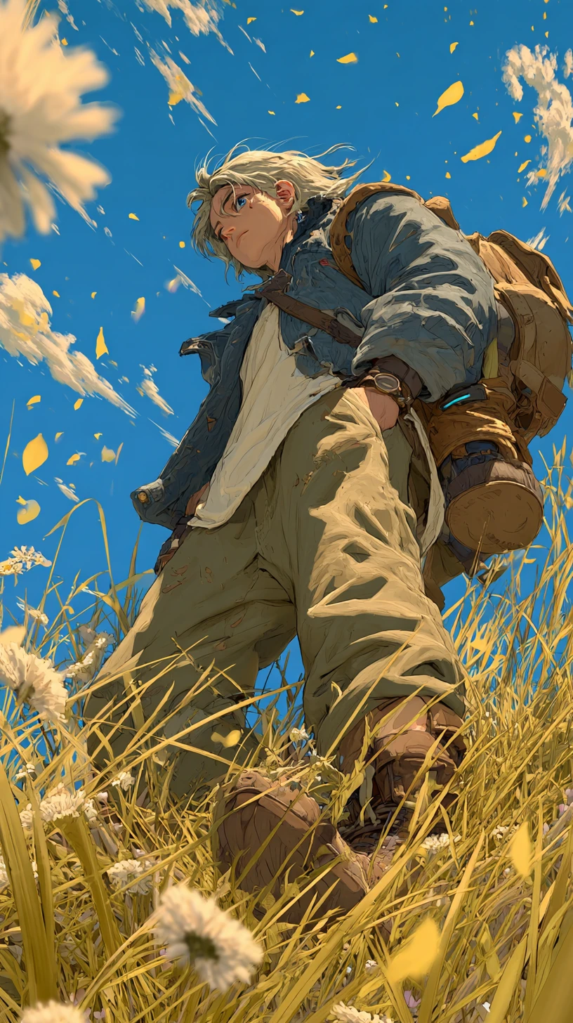Anime hero in a peaceful sunlit wildflower landscape