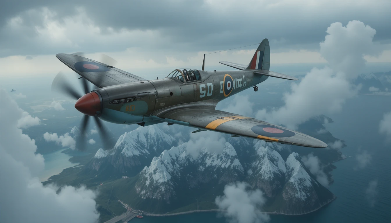Spitfire and Messerschmitt dogfight above stormy Dover cliffs