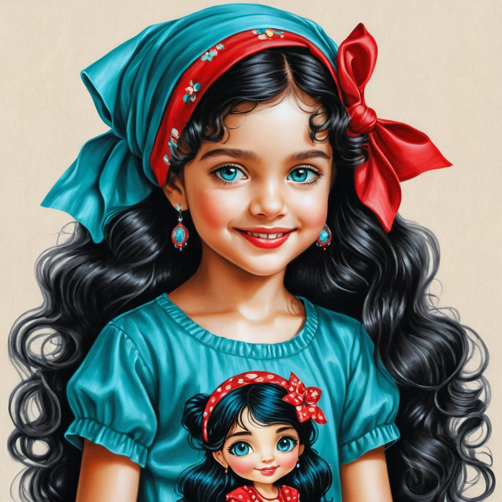 Smiling young girl with curly hair in summer outfit