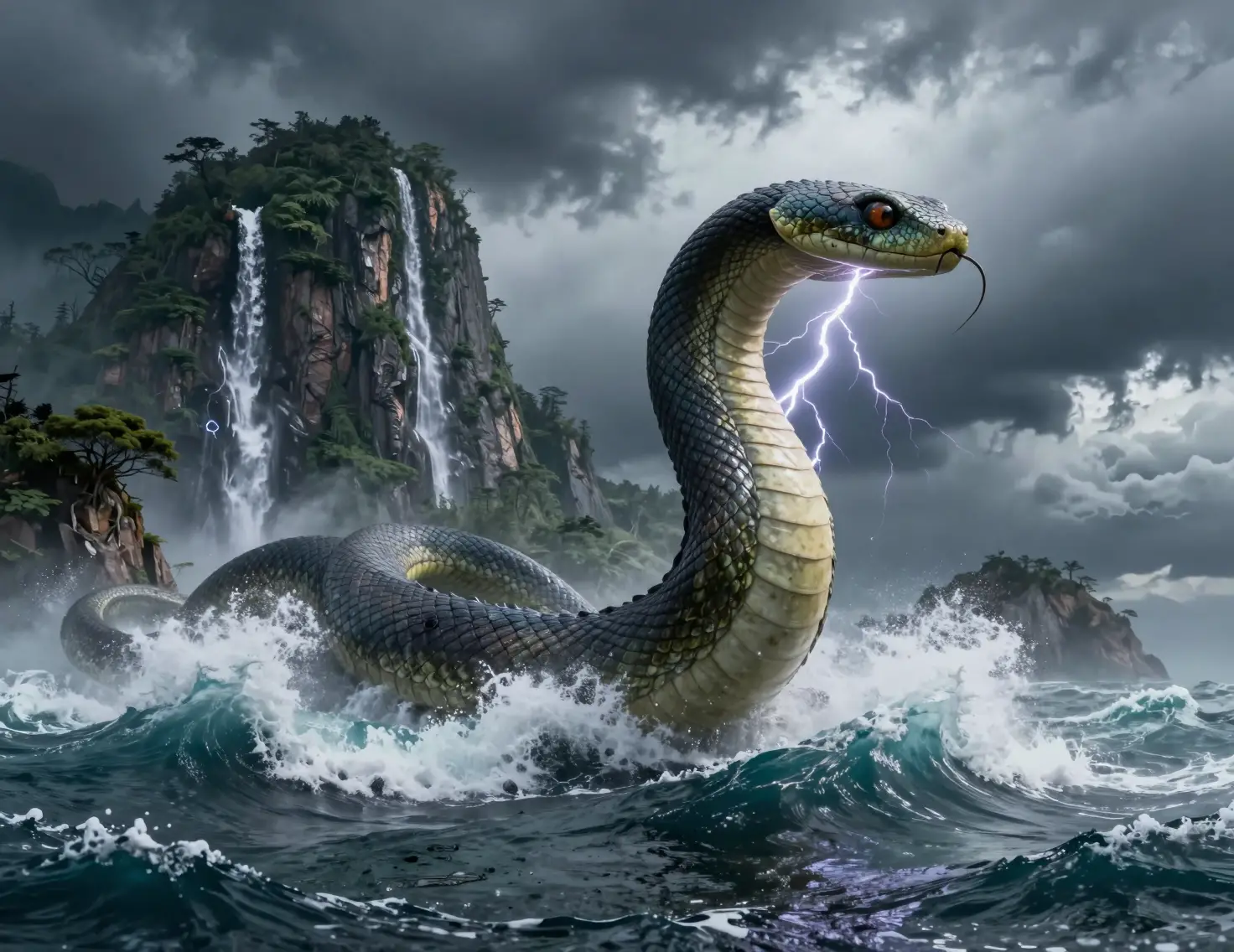 Colossal sea serpent rising from a raging storm ocean