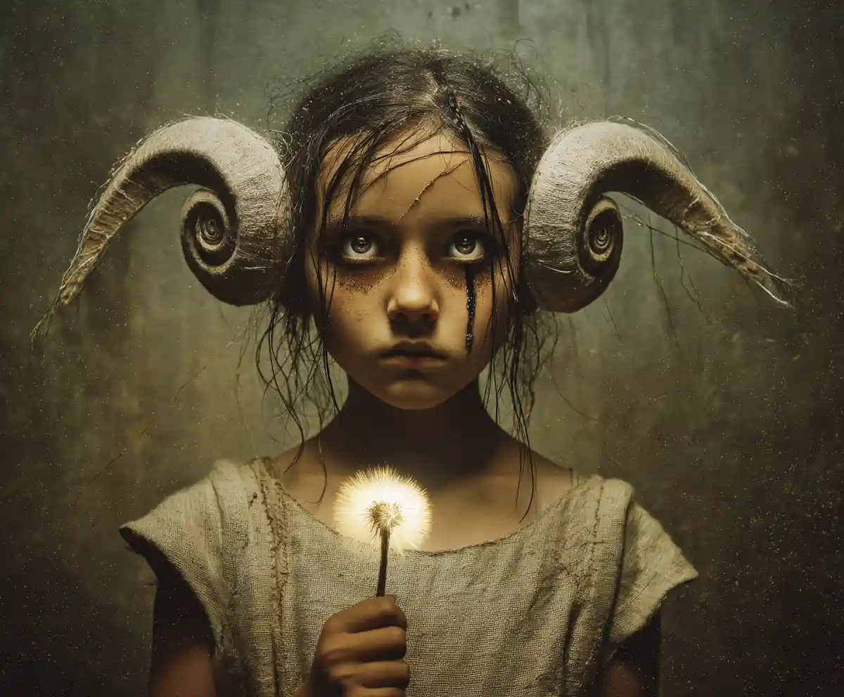 Surreal horned child with luminous eyes at a misty forest edge