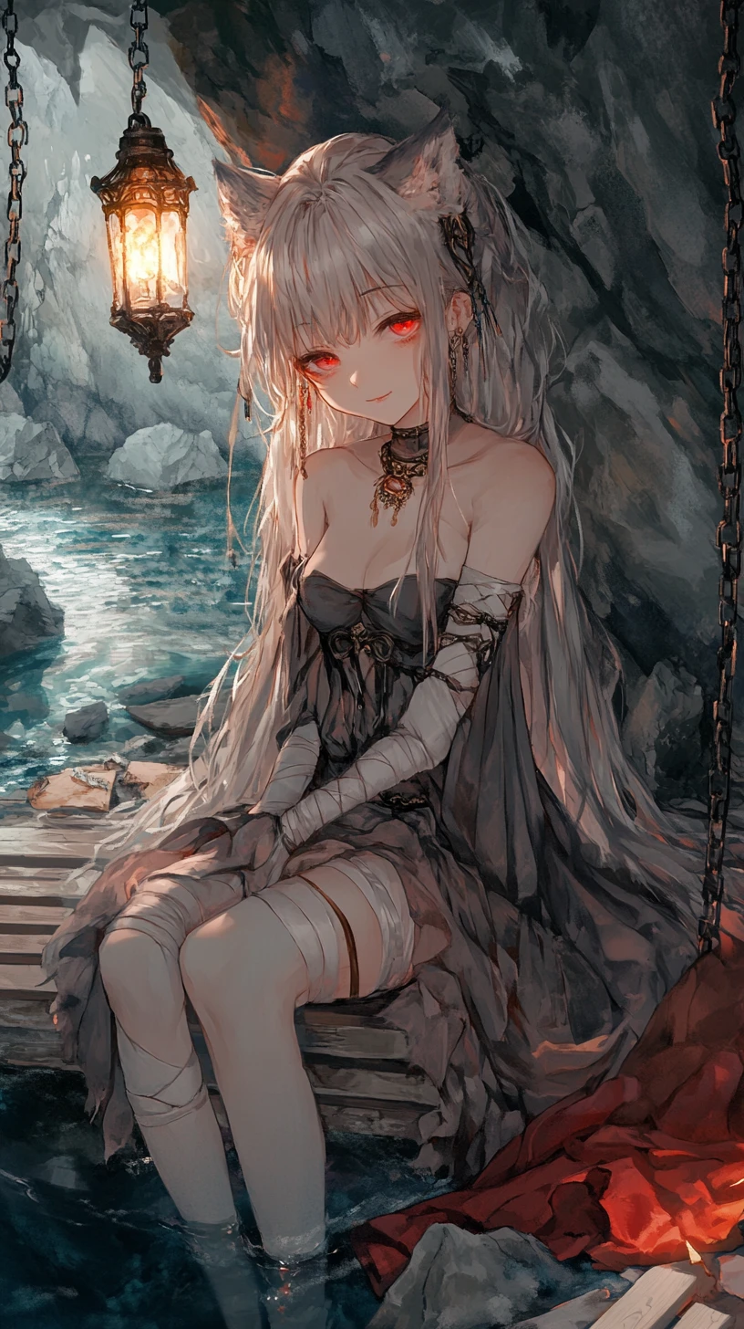 Anime girl in a torchlit white cave with water canal