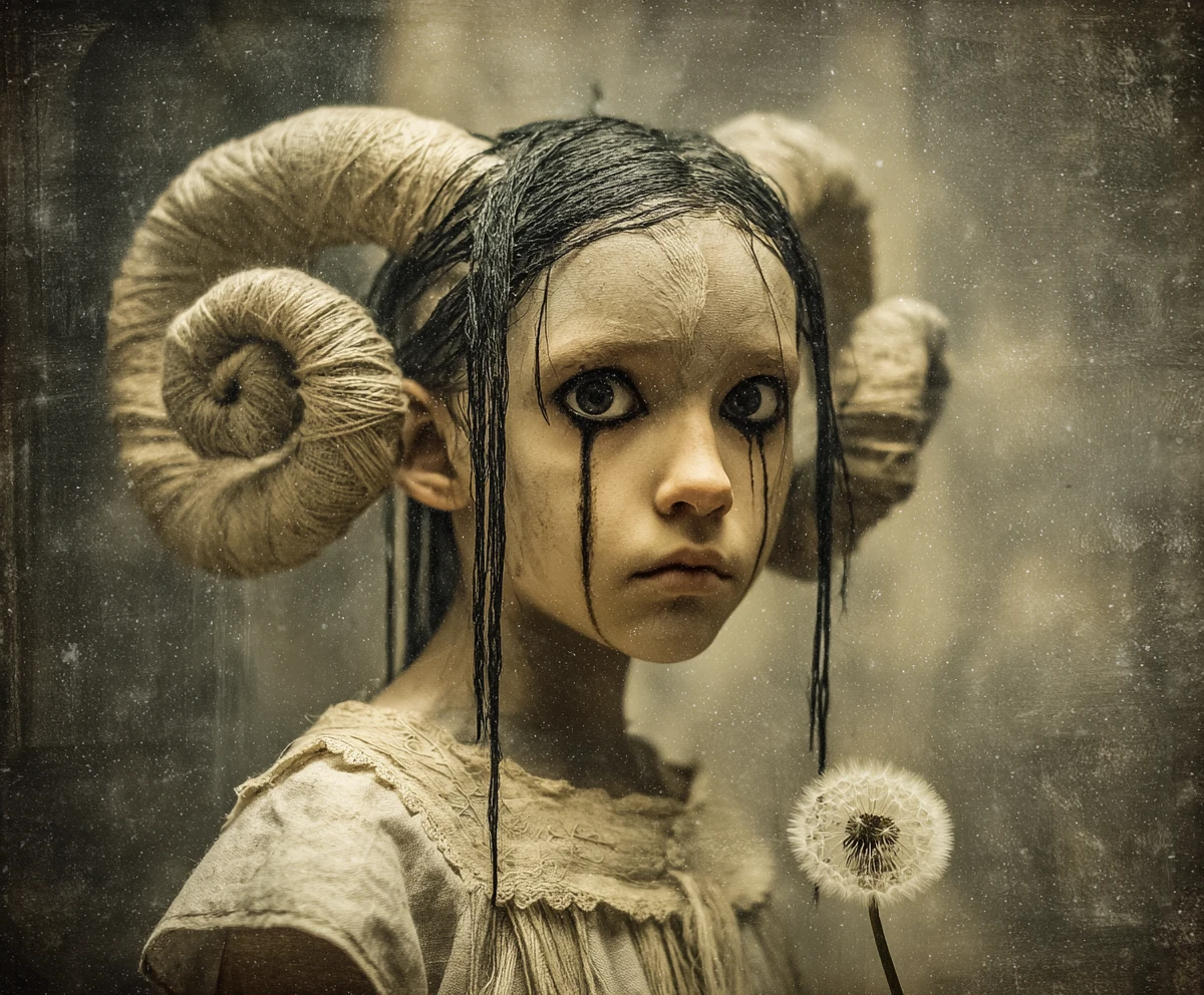 Surreal horned child with dandelion in a misty forest