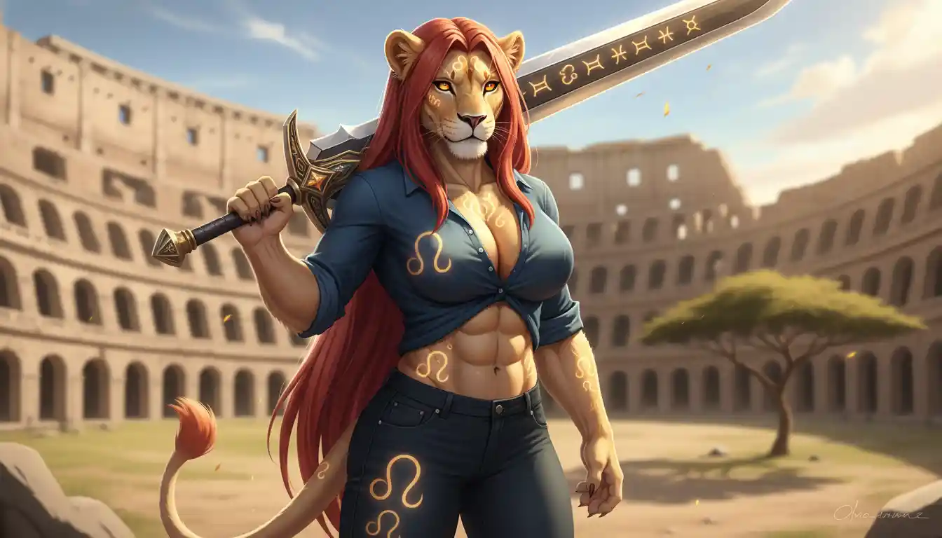 Anthro lion warrior woman with sword in casual clothes