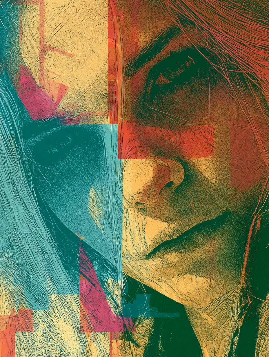 Surreal woman emerging from a dreamlike digital haze