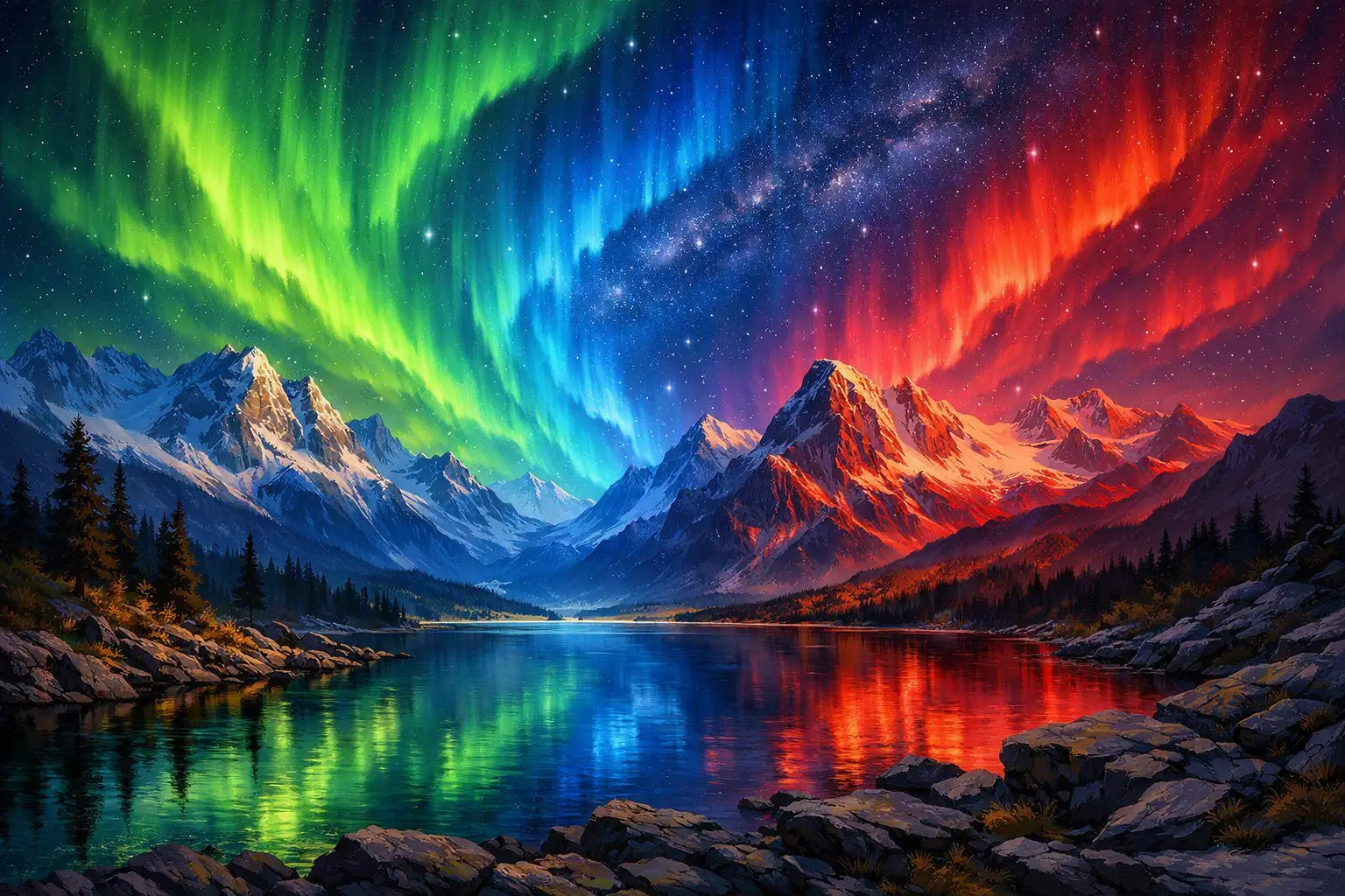 Colorful mountain landscape under glowing northern lights sky