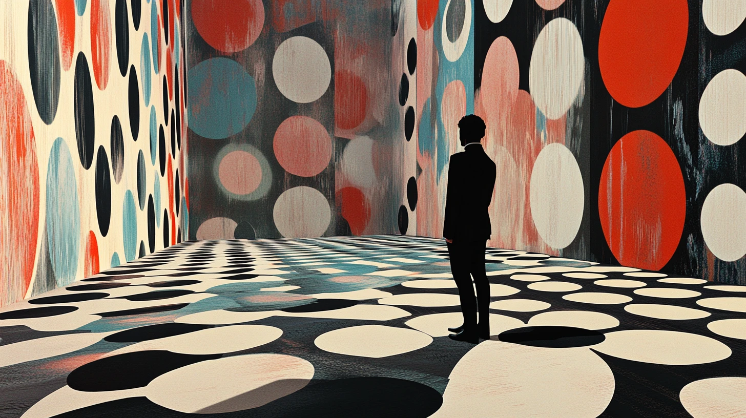 Abstract grid panels emerging from organic polka dot pattern