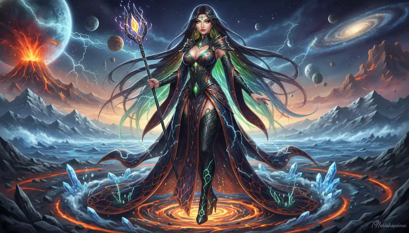 Primordial elemental woman with flowing dark rainbow hair