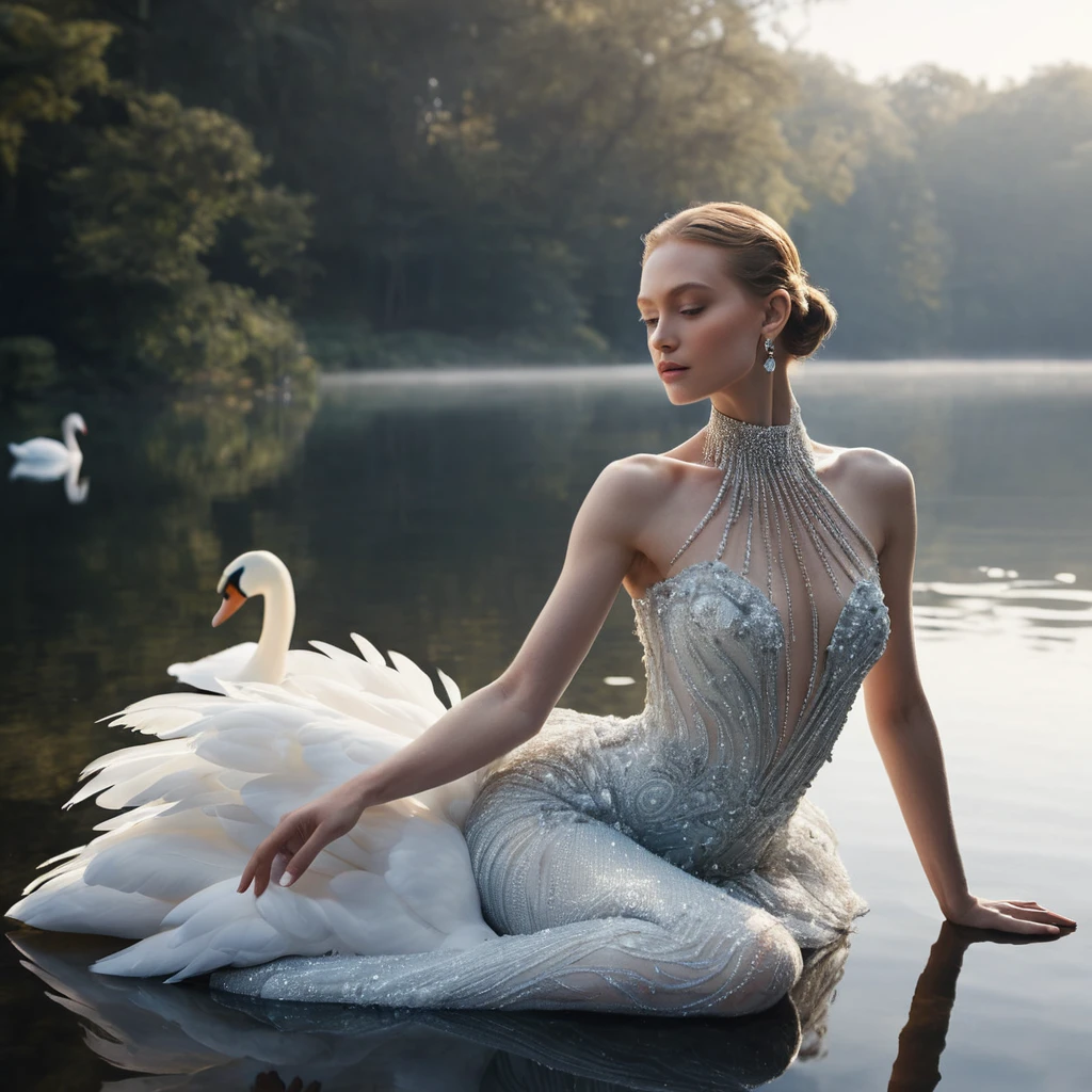 Elegant woman as a glass swan muse by a crystal lake