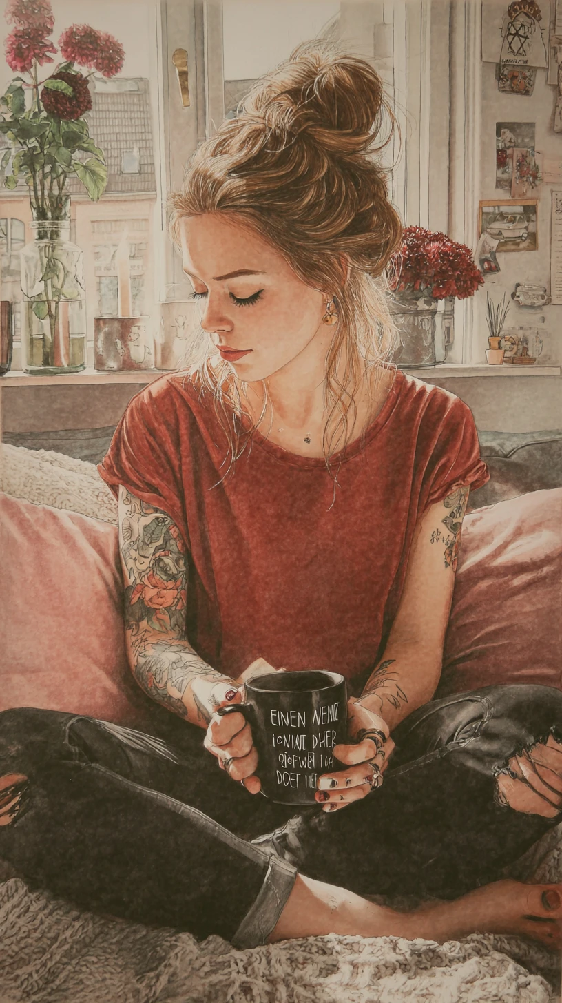 Thoughtful young woman with coffee in warm watercolor room
