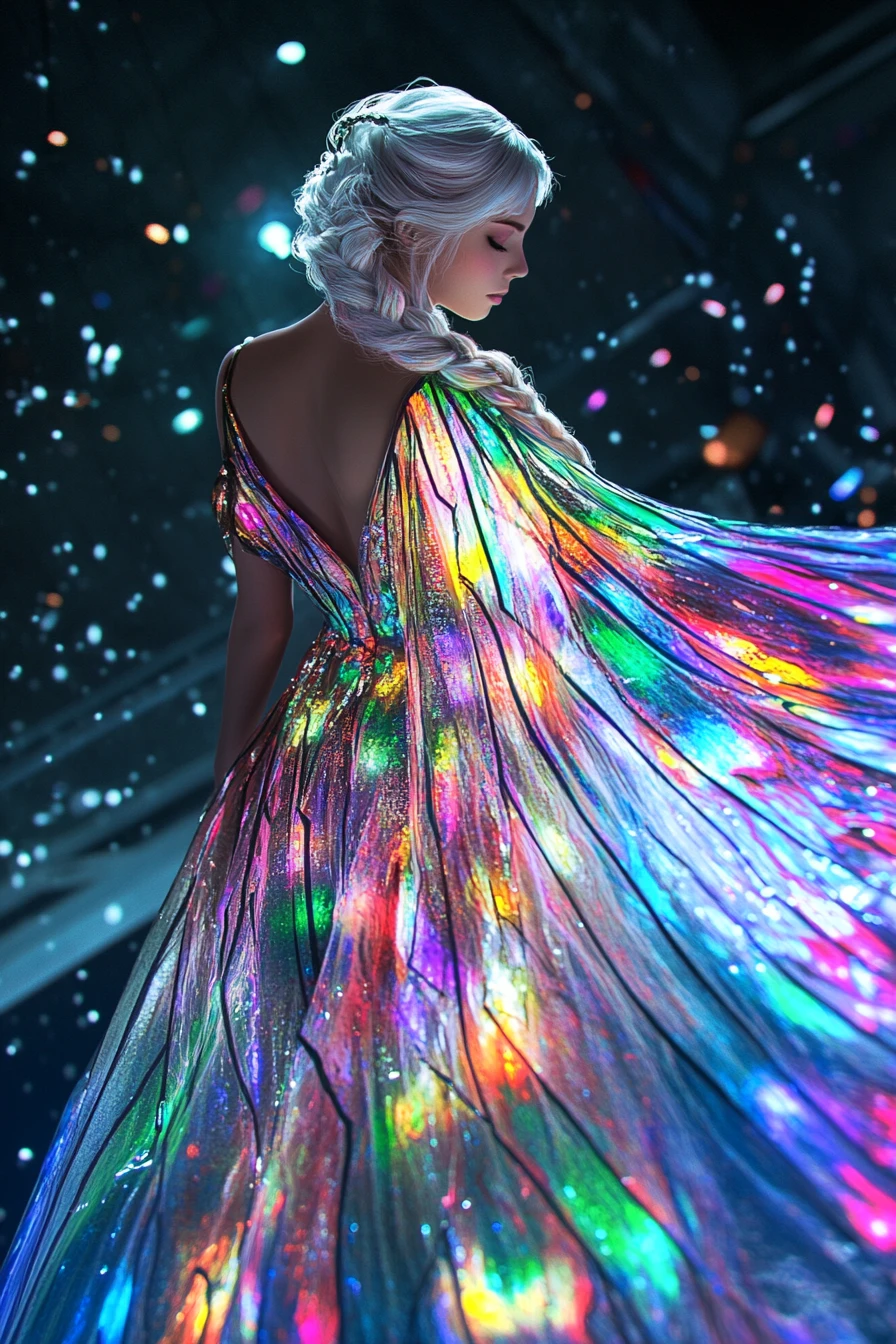 Woman in glowing stained glass gown under starry night sky
