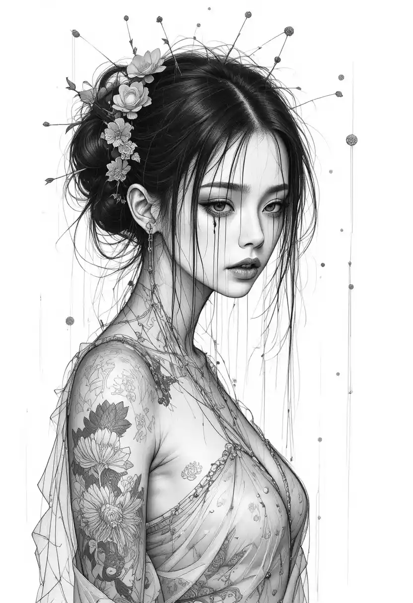 Sad Japanese girl crying black tears in fantasy drawing