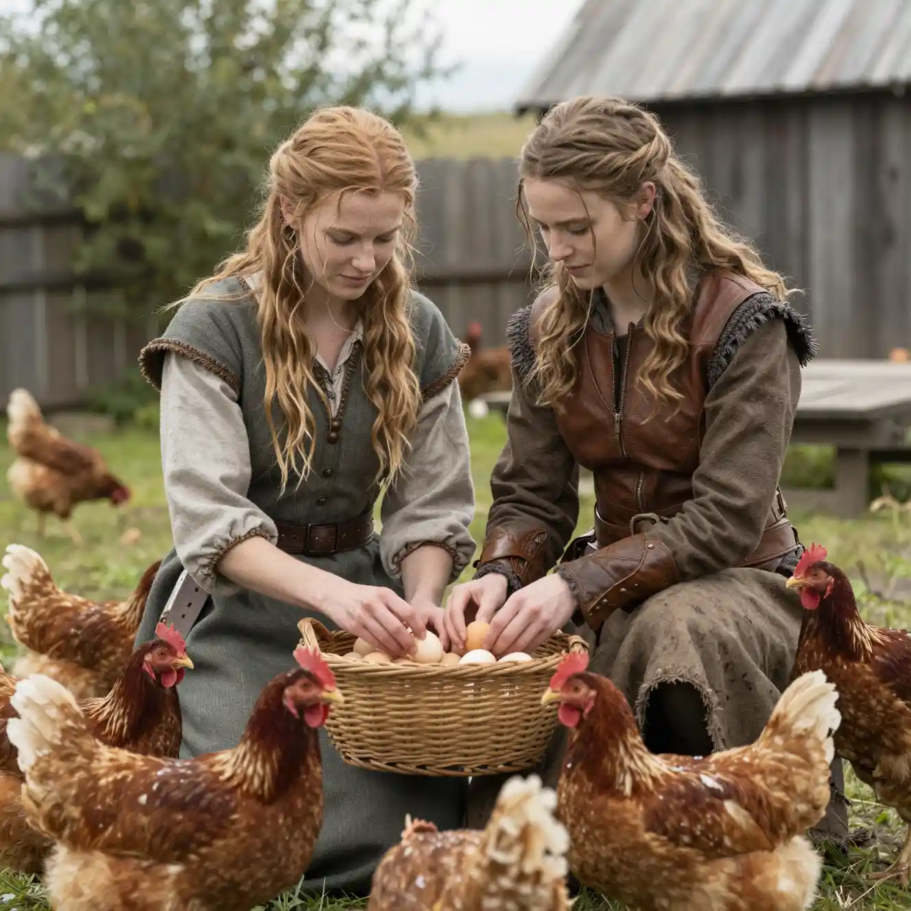 Two fantasy girls gathering eggs in a rustic yard