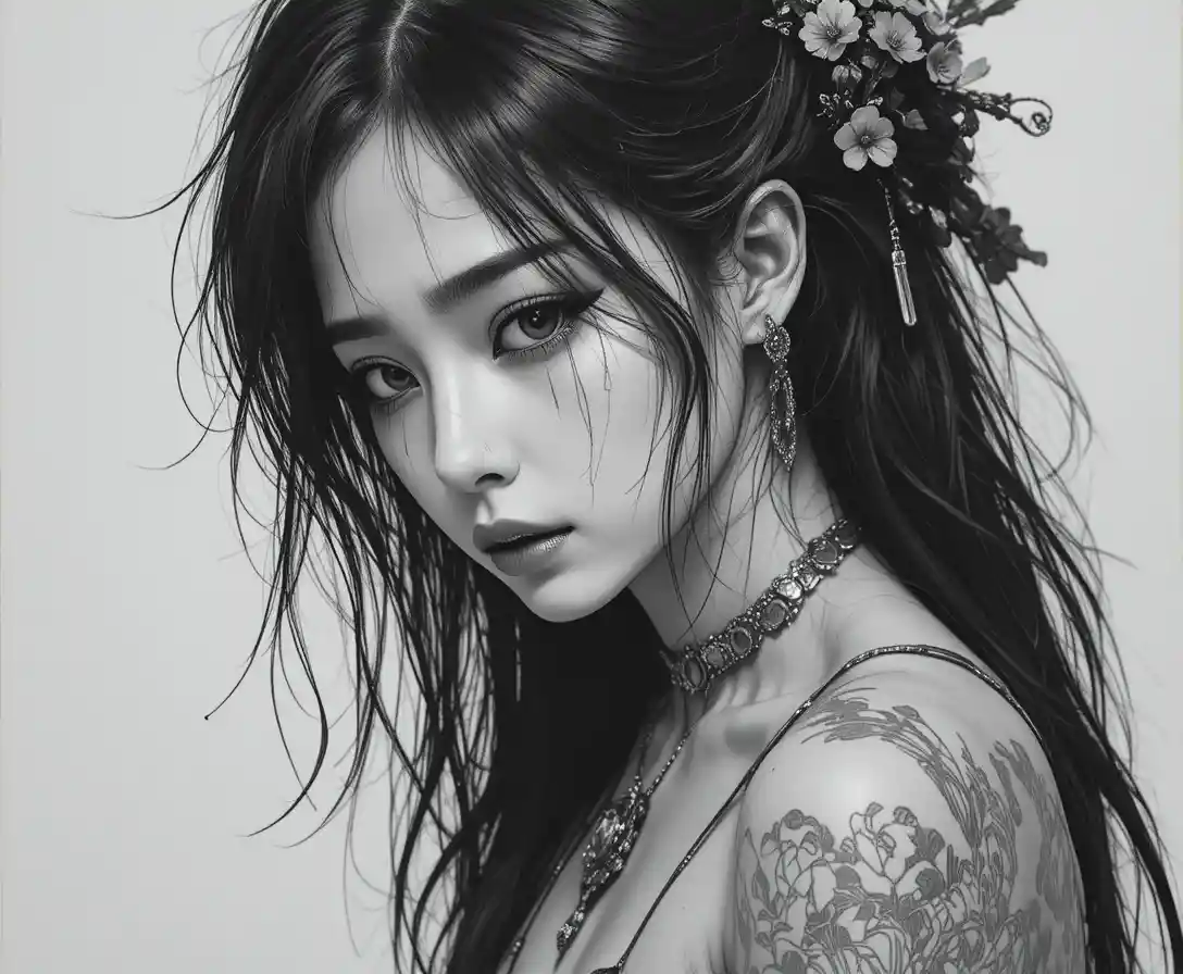 Sad Japanese girl with black tears and silver jewelry