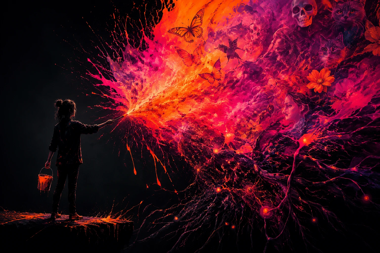 Silhouetted woman painting a radiant abstract cosmic burst