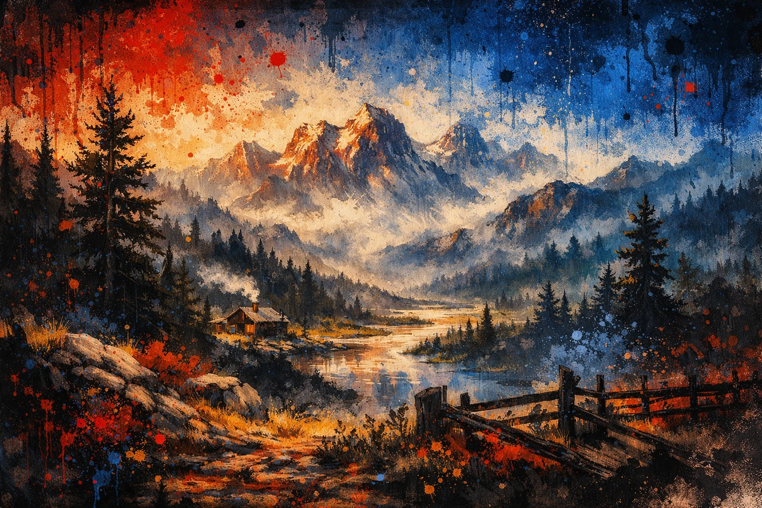 Foggy mountain landscape with distant peaks in cinematic style