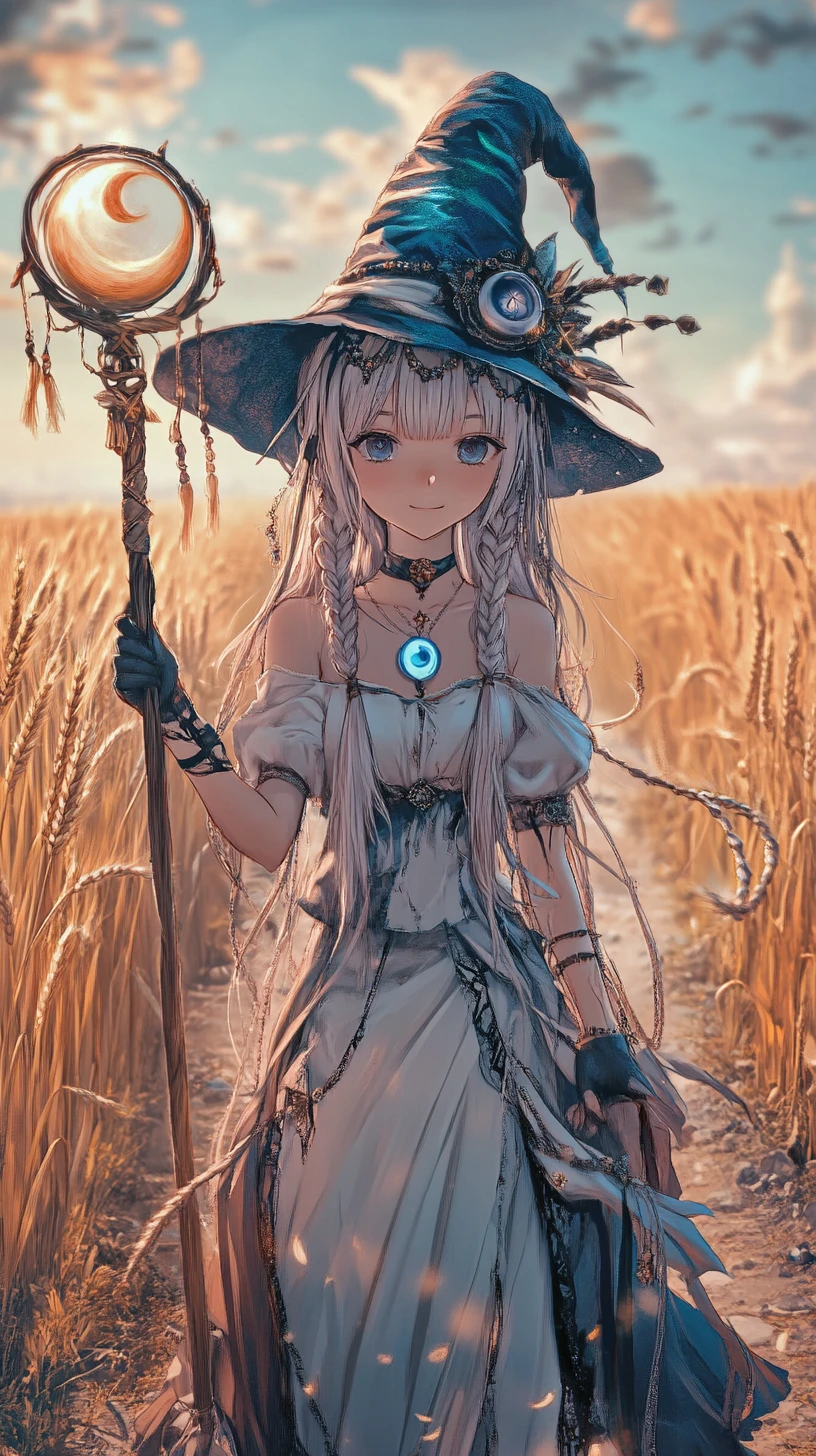 Anime girl on an old stone road by a golden wheat field