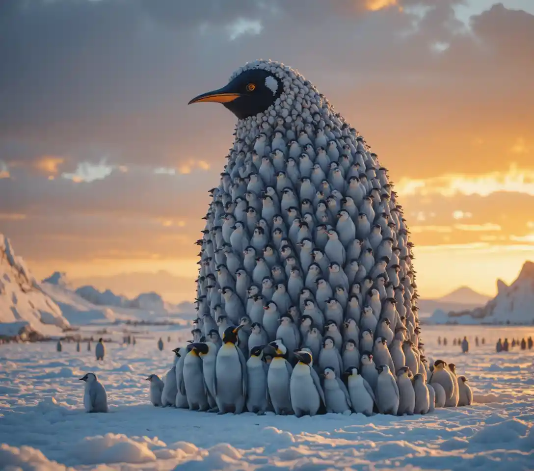 Emperor penguin made of baby chicks at golden sunset
