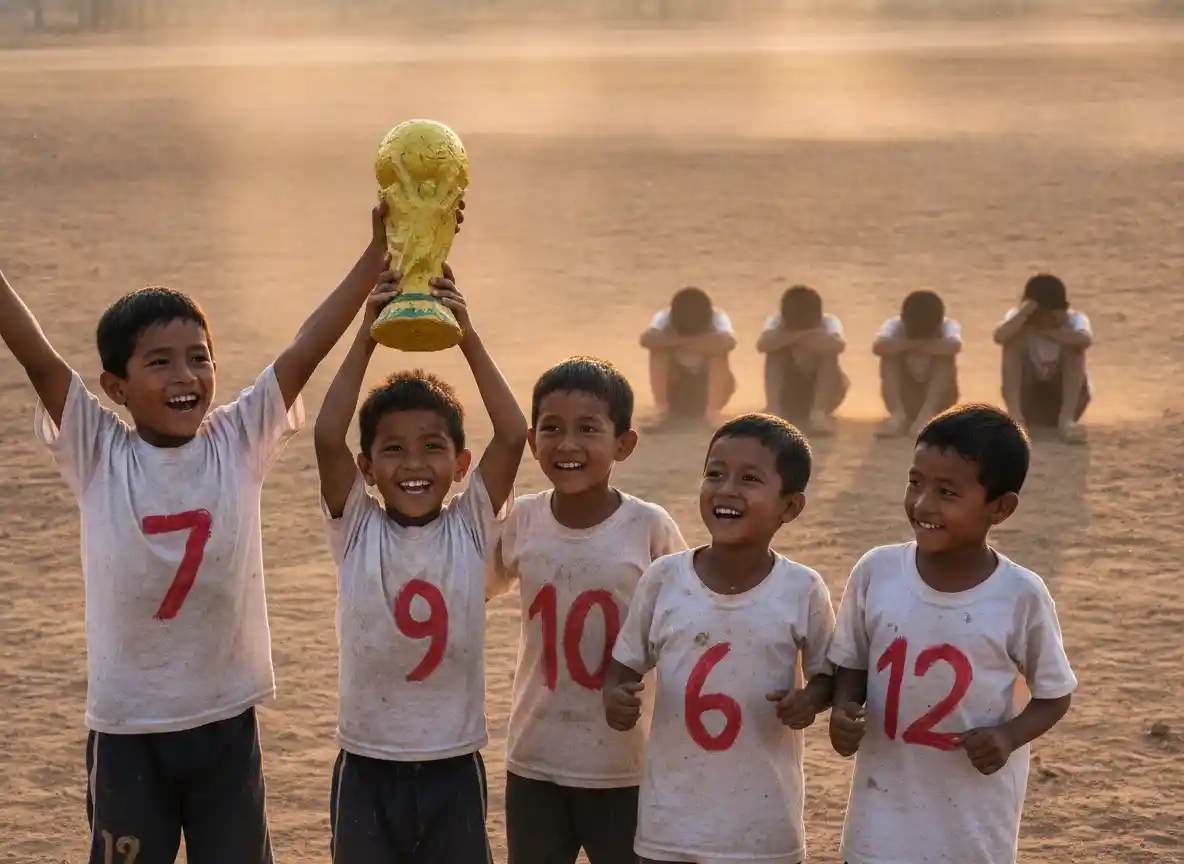 Children celebrating victory on a dusty rural soccer field