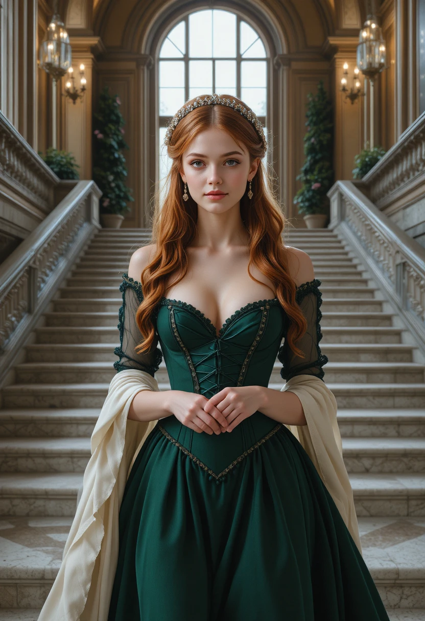 Red haired girl in green gown on a palace staircase