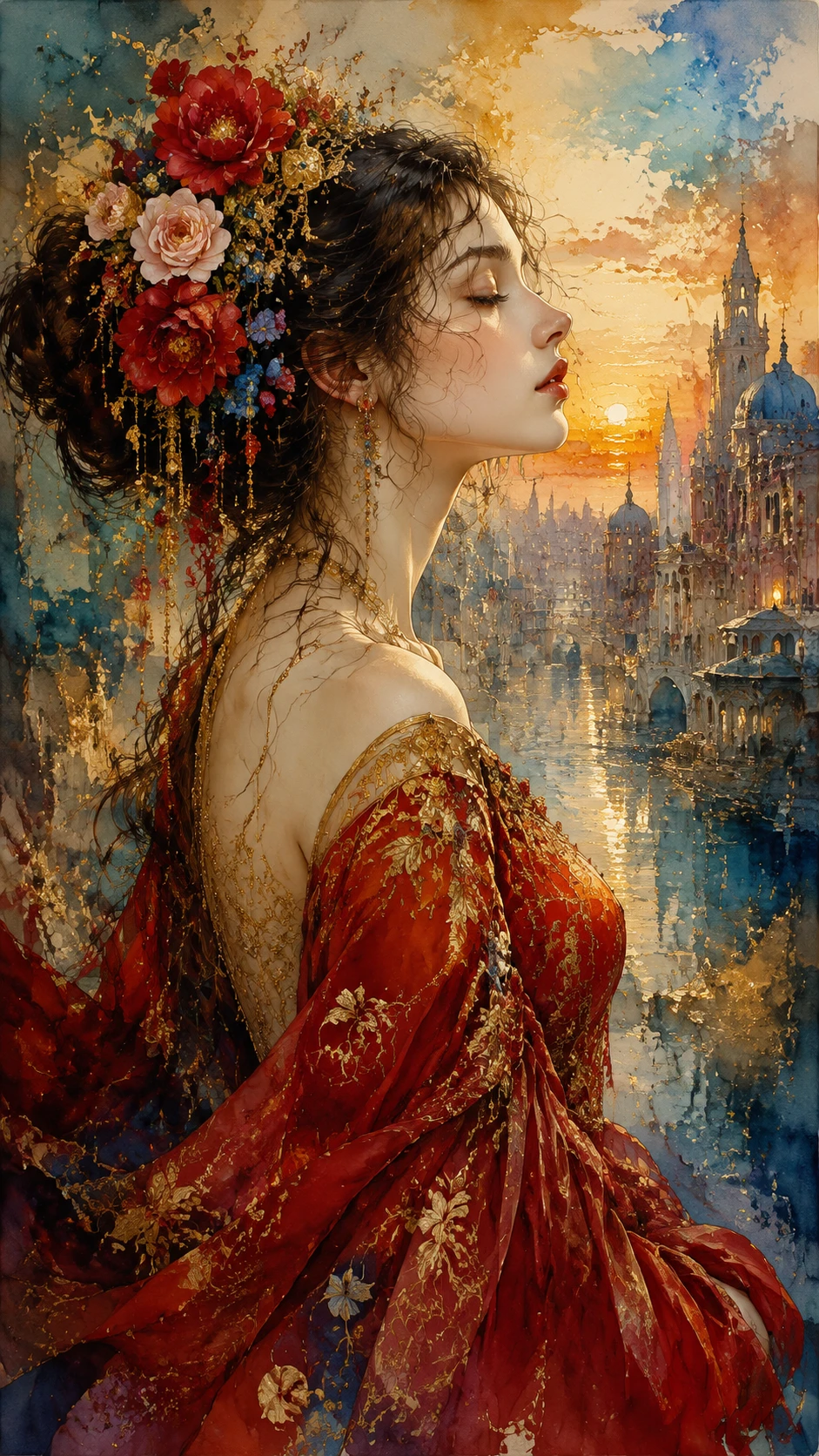 Retrato en acuarela de una mujer serena de perfil