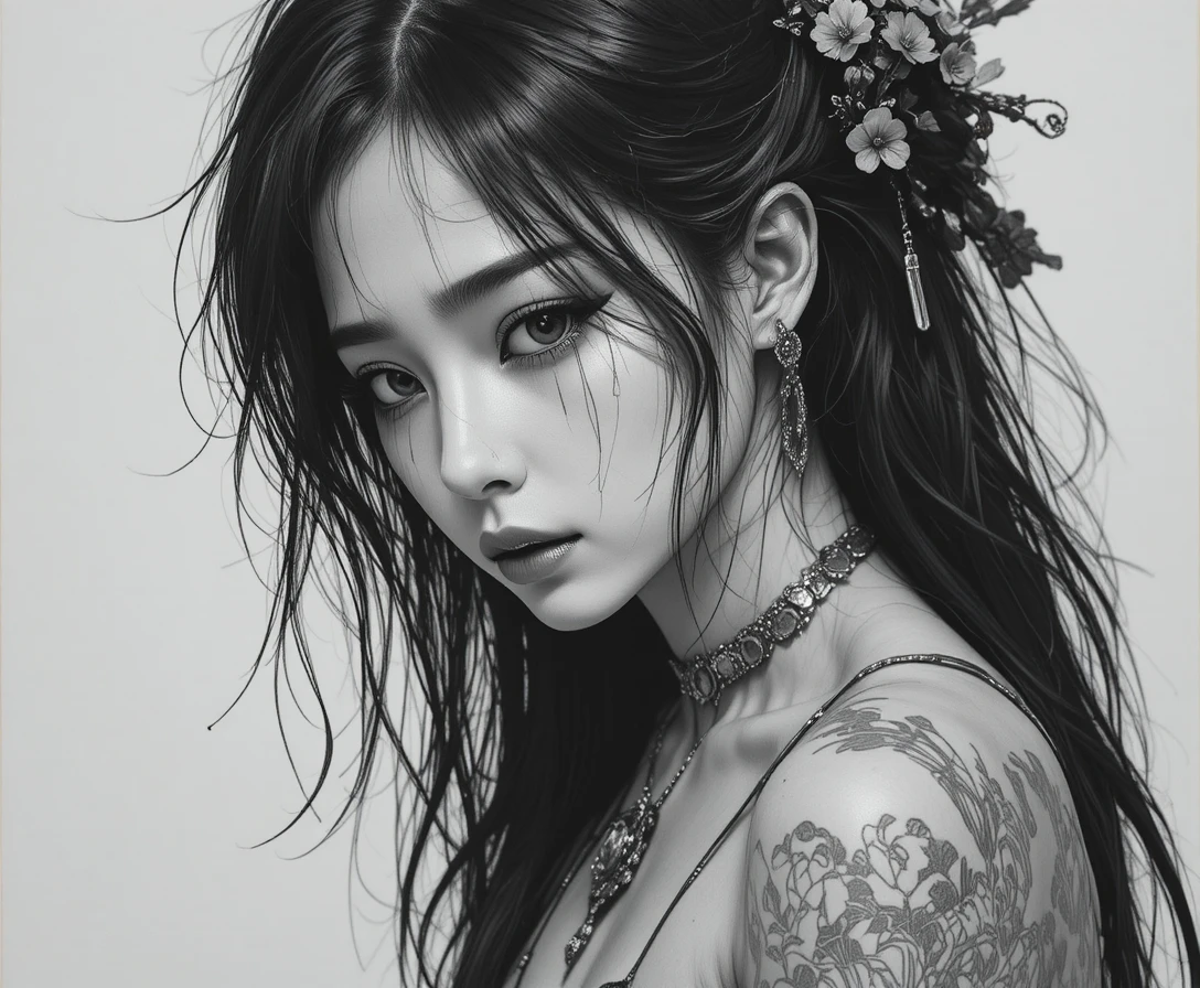 Sad Japanese girl with black tears and silver jewelry