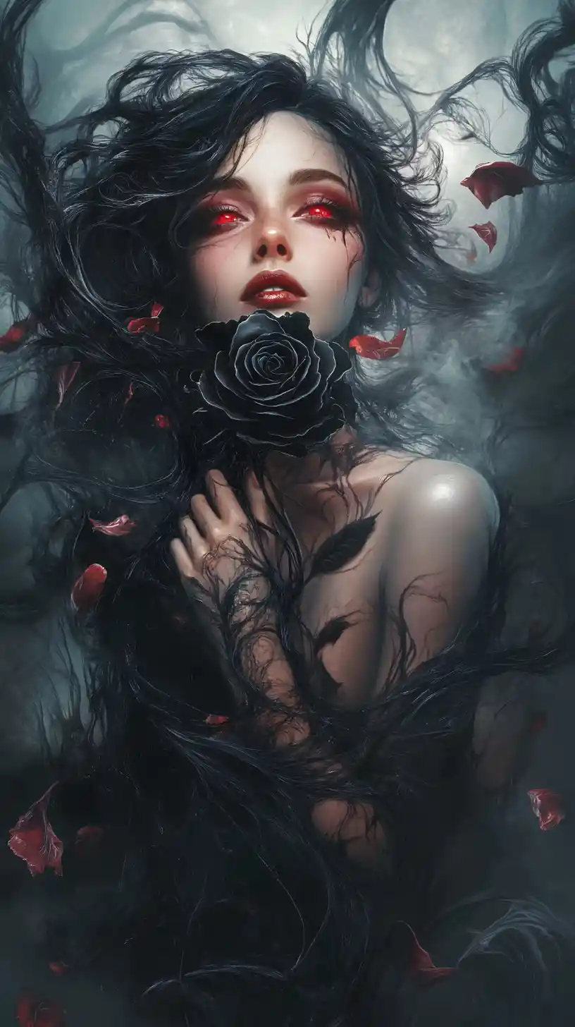 Dark haired woman with black rose in gothic void