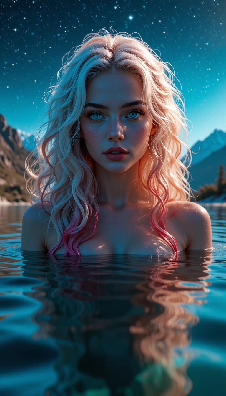 Fantasy water woman rising from a starlit mountain pond