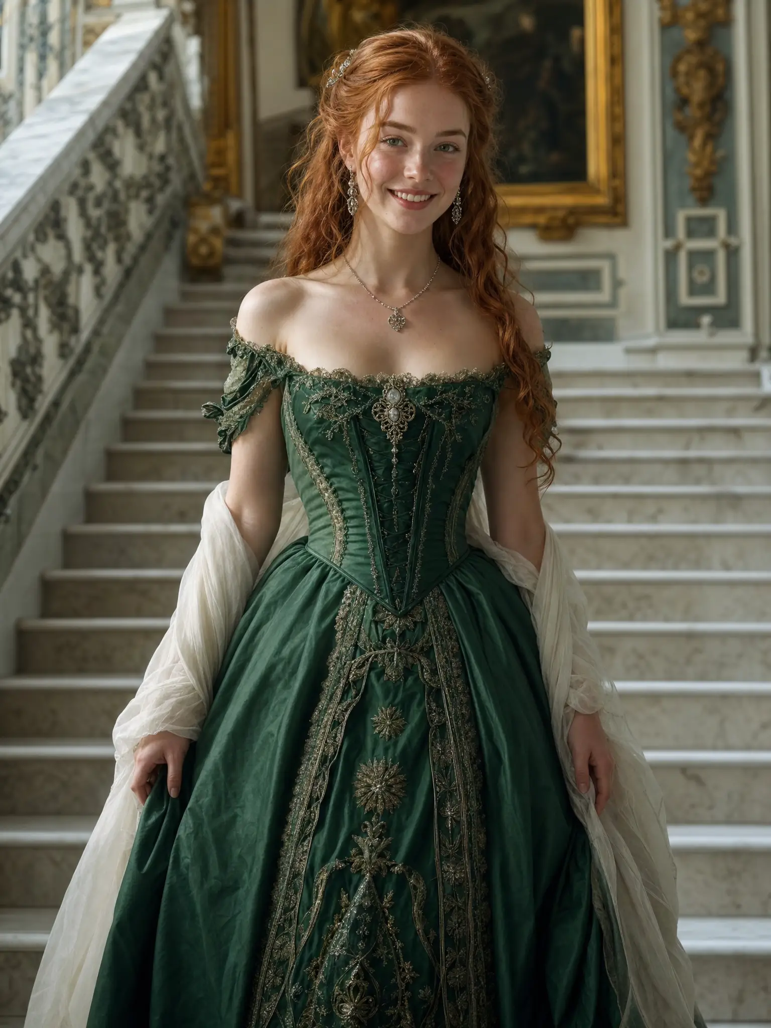Irish girl in green ballgown on grand marble staircase