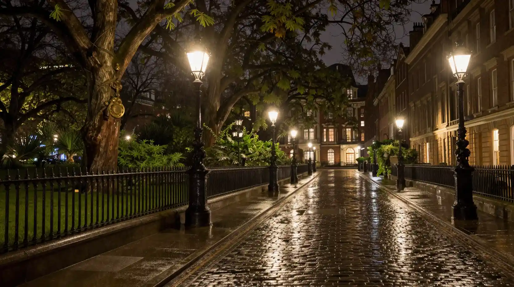 Victorian city street at night with rain and lamplight