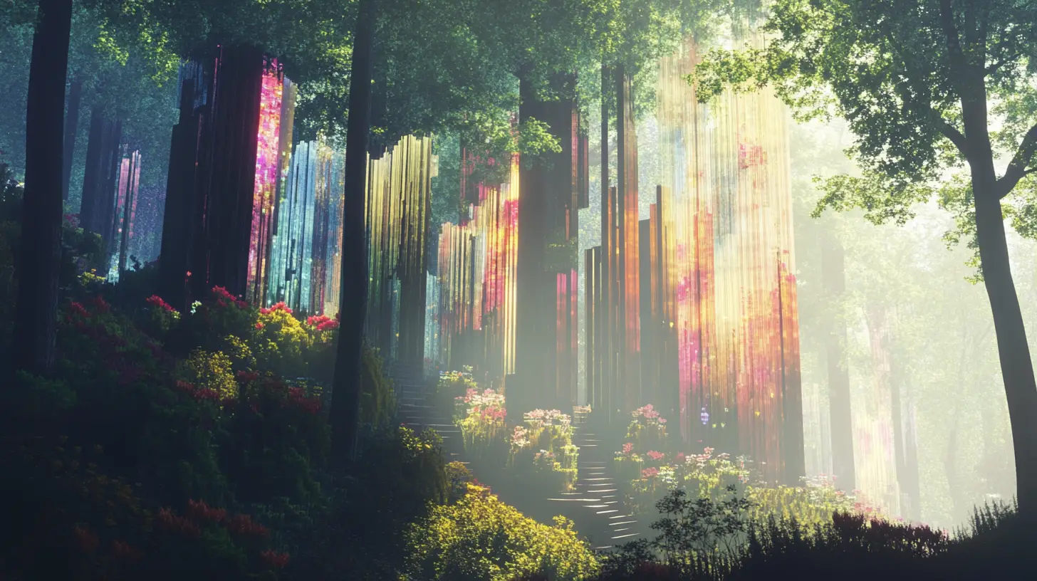 Surreal forest of staircased tree trunks and voxel canopy