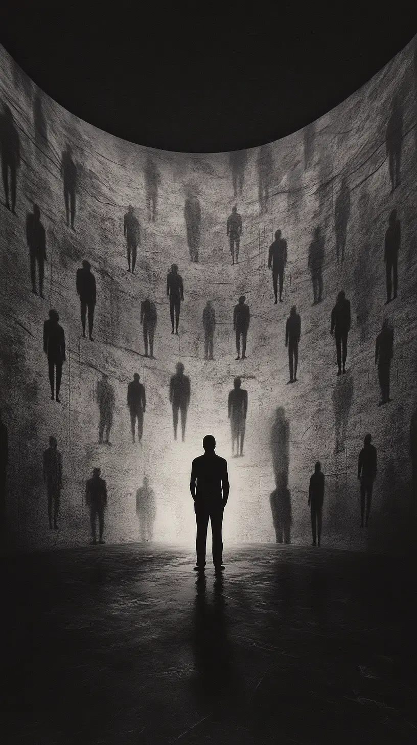 Illuminated figure in vast chamber of ghostly silhouettes
