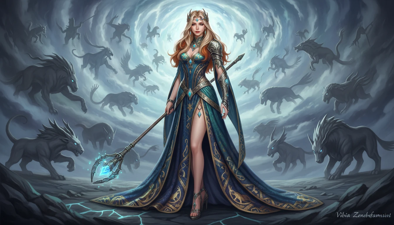 Rainha de fantasia com manopla de invocação e olhos cor de avelã