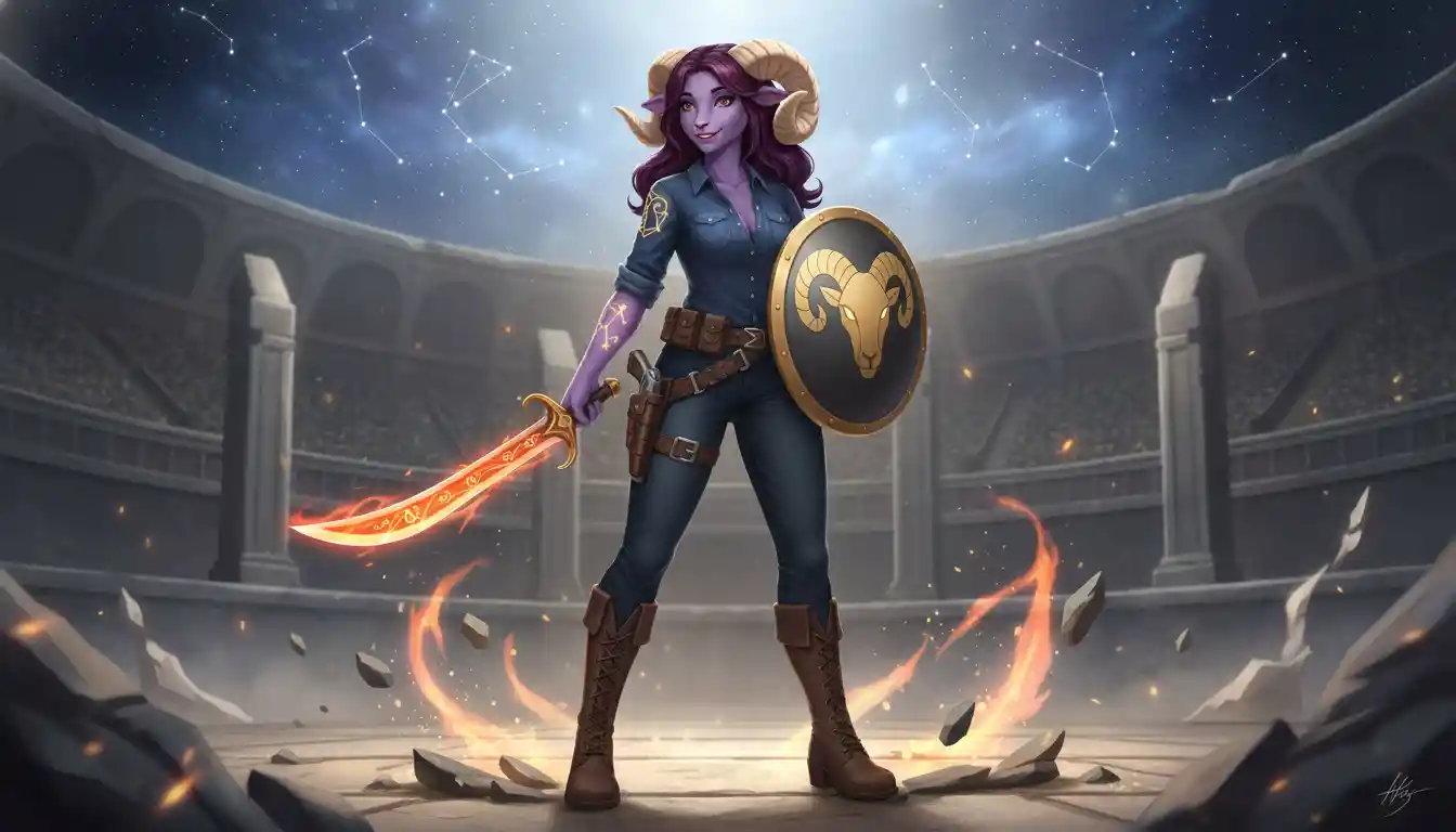 Purple fur aries warrior woman with sword and shield
