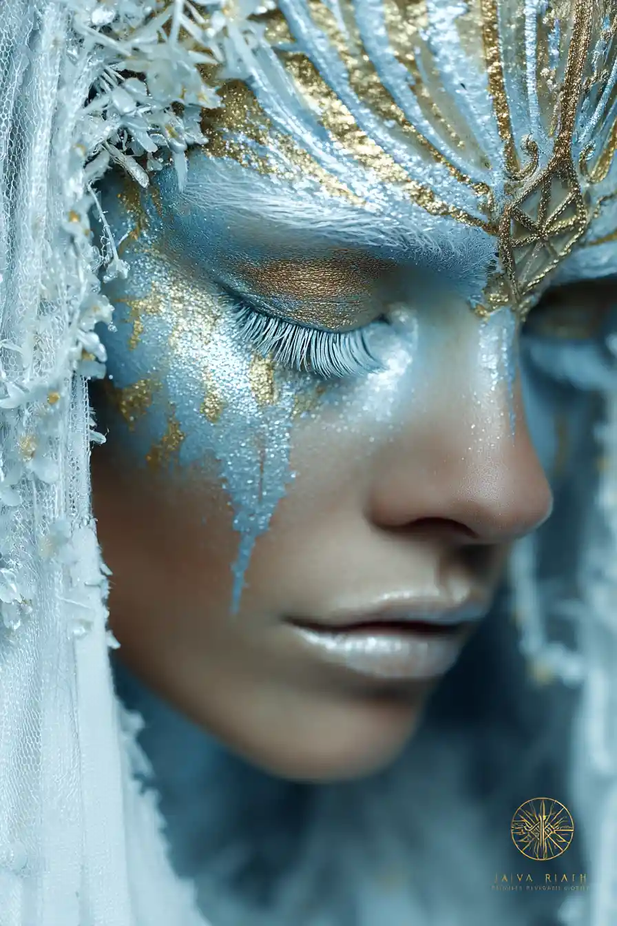Futuristic beauty close up with metallic blue and gold makeup