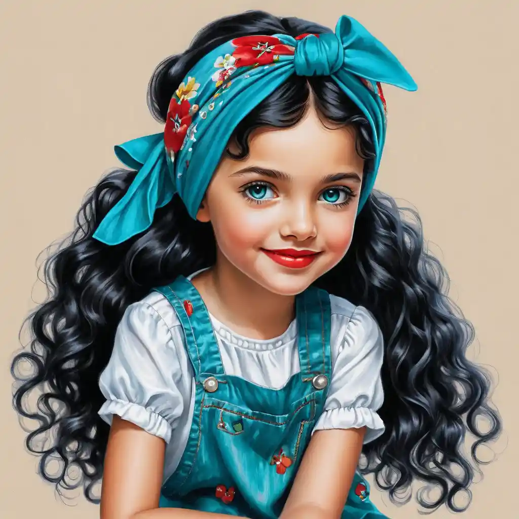 Smiling curly haired girl in teal shirt and white jeans