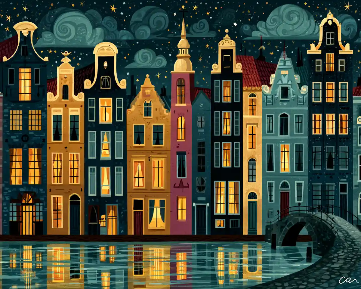 Whimsical Amsterdam canal houses under a magical starry night