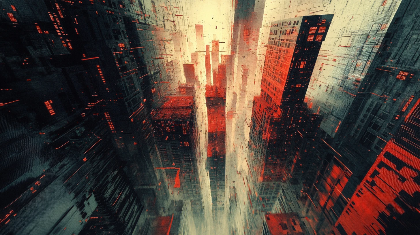 Surreal cityscape of impossible voxel architecture and data lines