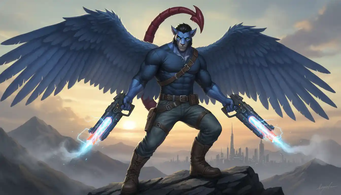 Winged blue manticore anthro with pistols in casual clothes