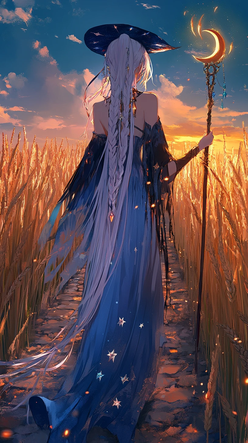 Anime girl in silver dress on dusk wheat road