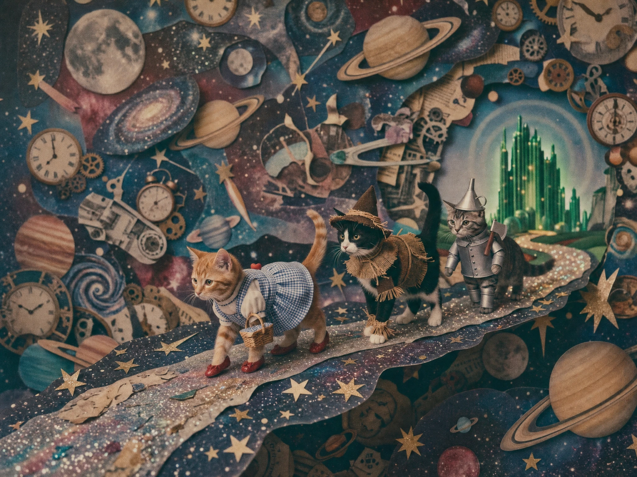 Fotografía de estilo película vintage de gatos flotando en el espacio