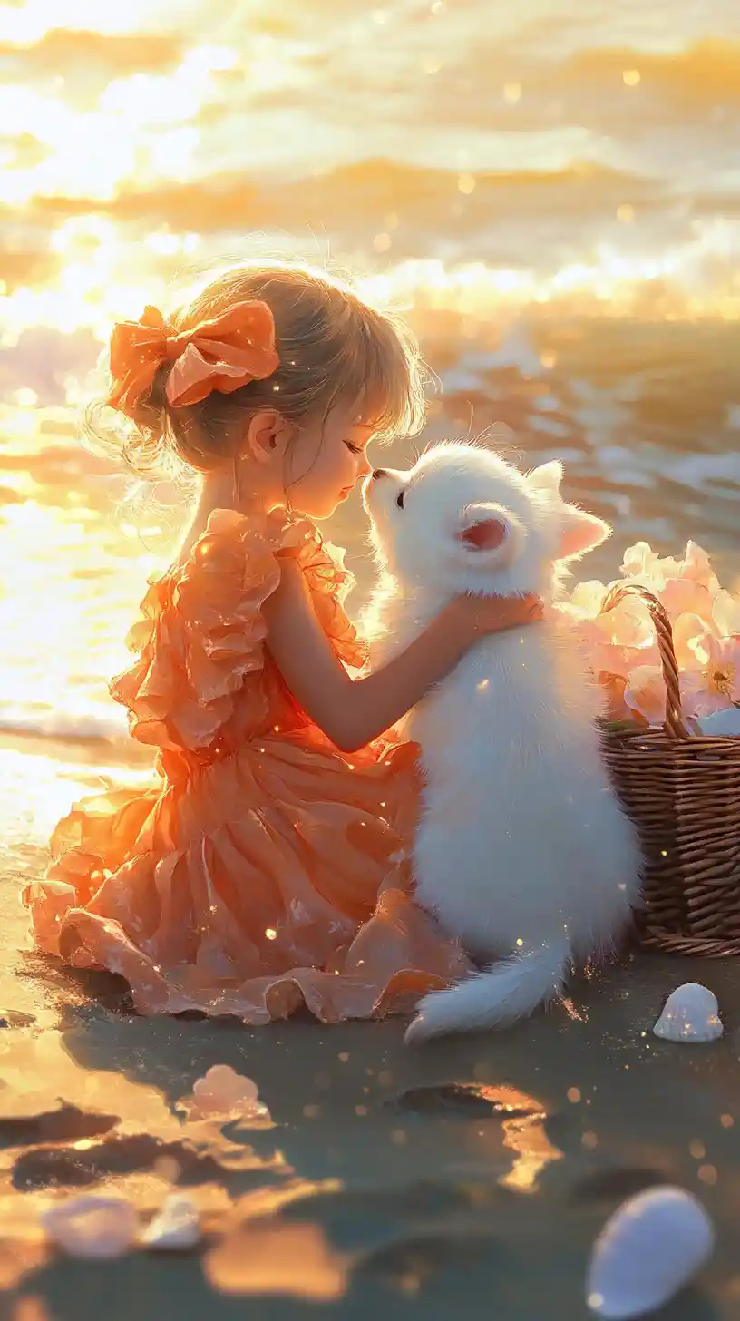 Young cat holding a puppy by the sunlit sea