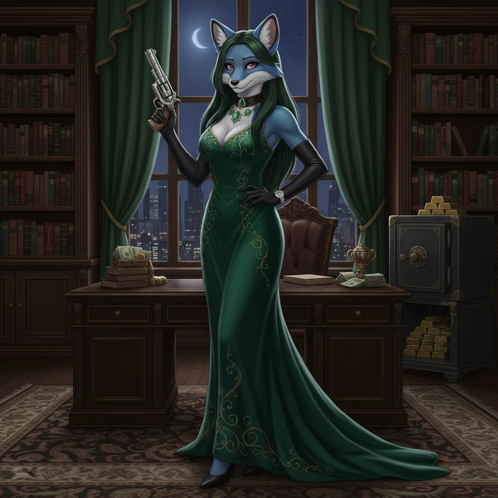 Elegante líder da máfia raposa azul com gargantilha de esmeralda