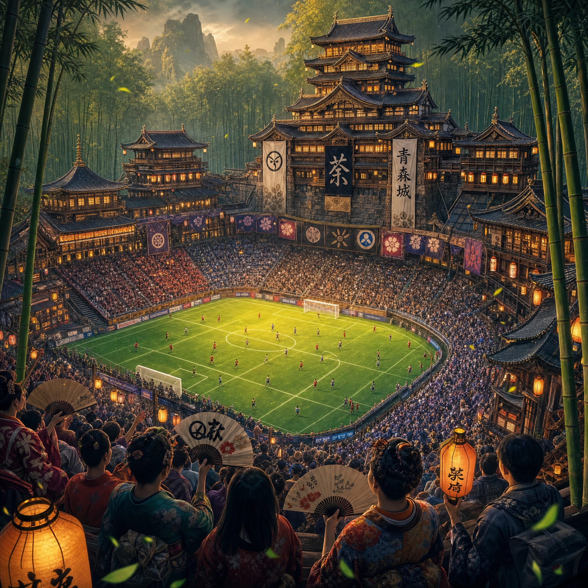 Fantasy stadium shaped like a Japanese castle in bamboo forest