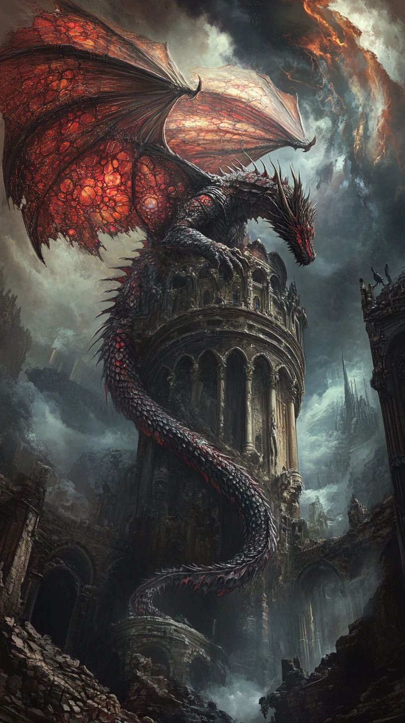 Dragon Brooding Atop A Gothic Cathedral In Surreal Night