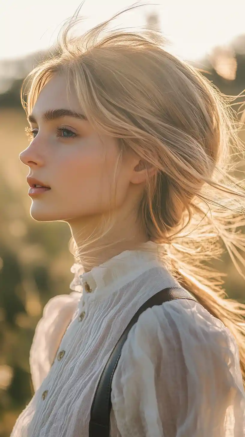 Blonde girl in profile in a sunlit golden field