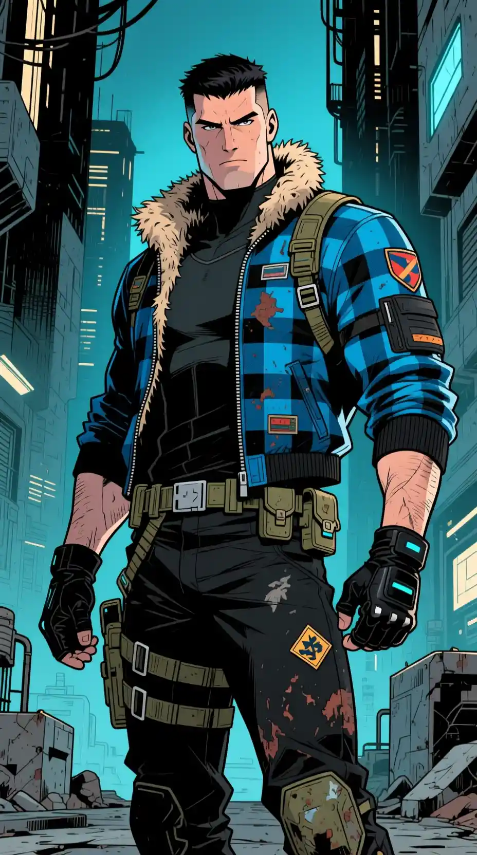 Sci fi pilot in blue jacket in futuristic city