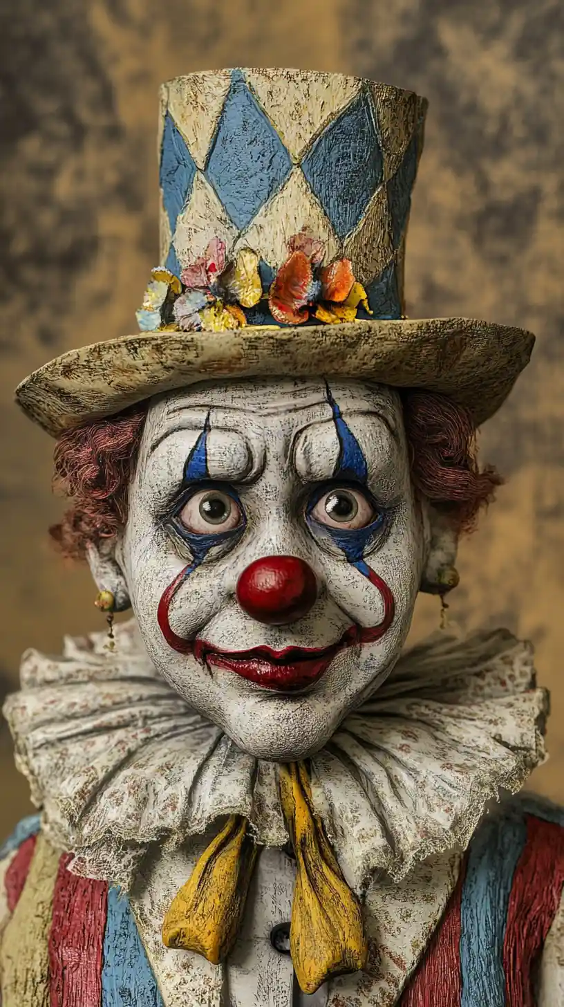 Close up portrait of a tearful sad clown in costume